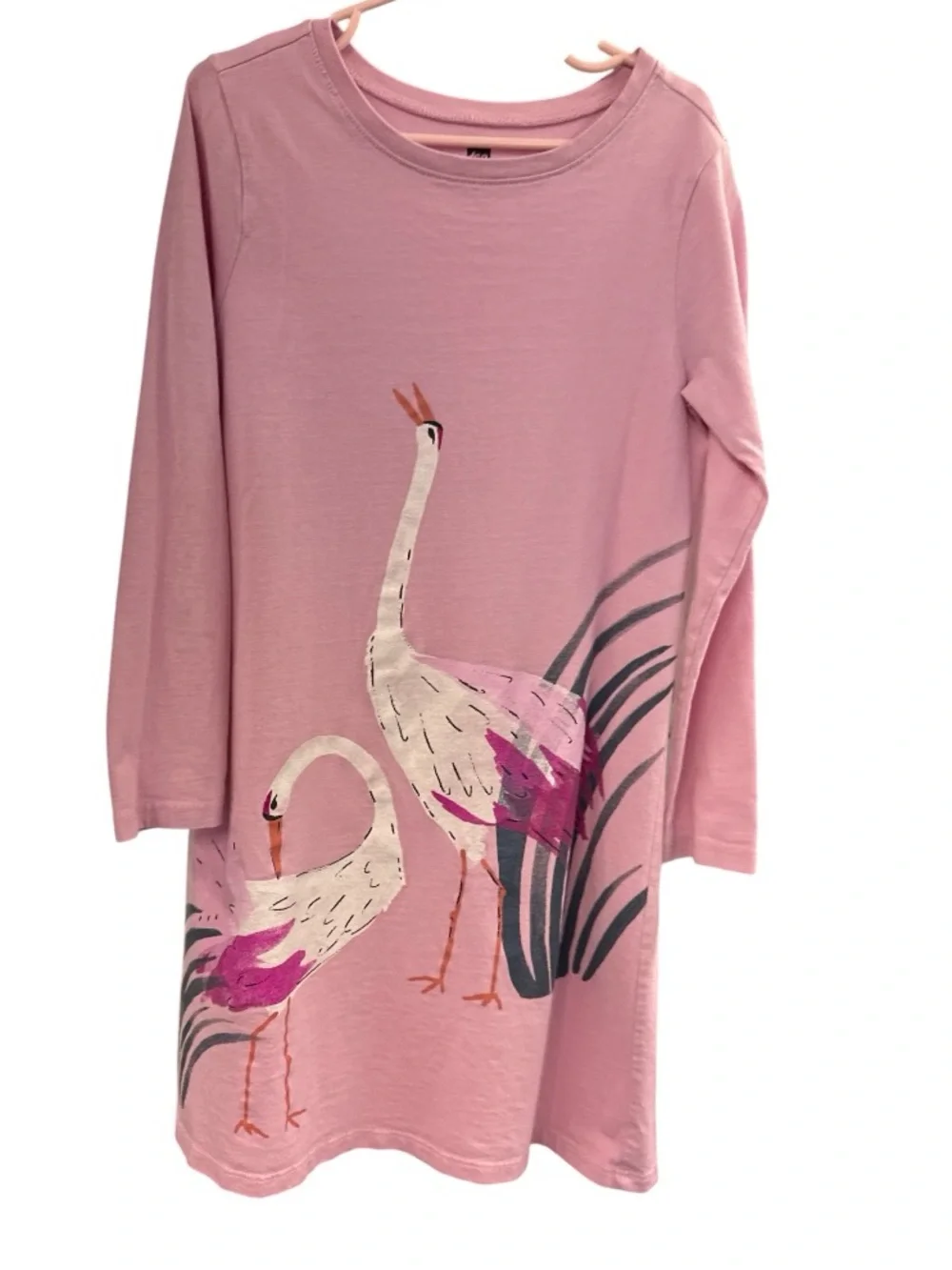 Tea Collection 100% Cotyon Pink Swan Print Long-Sleeve Dress